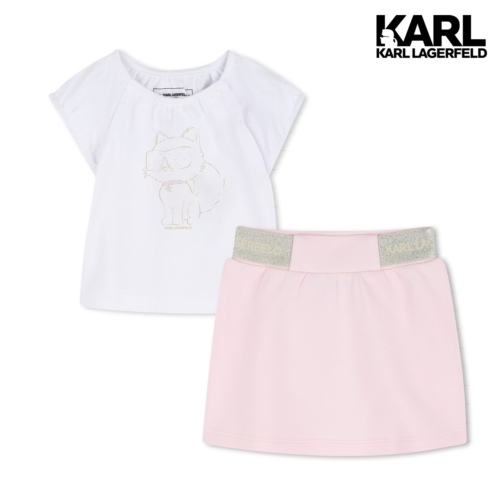 Conjunto de camiseta y falda rosa blanco