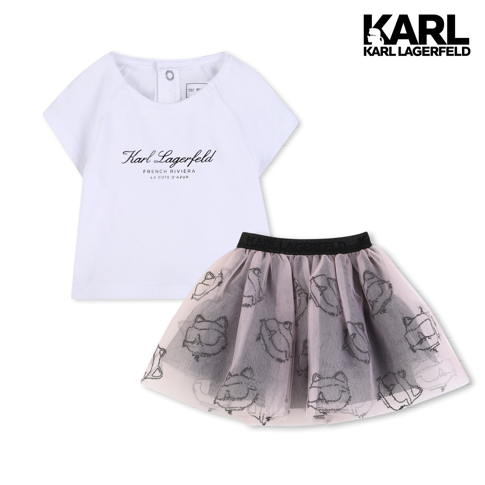 Conjunto de camiseta y falda blanco rosa