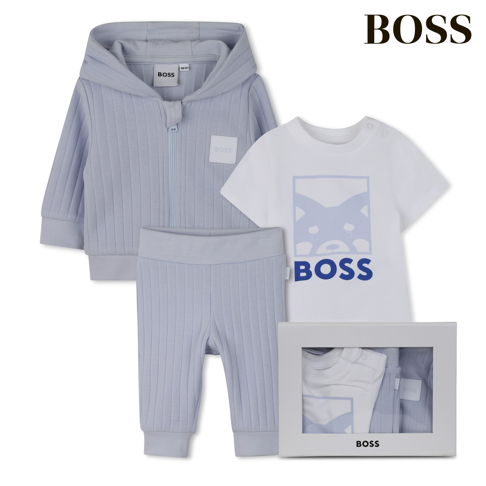 Conjunto de cárdigan + pantalón + camiseta azul cielo