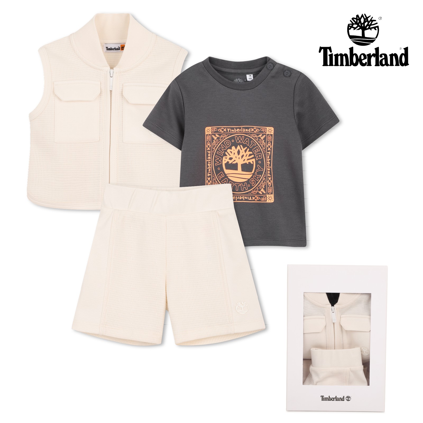 Conjunto de cárdigan, camiseta y pantalón corto marfil