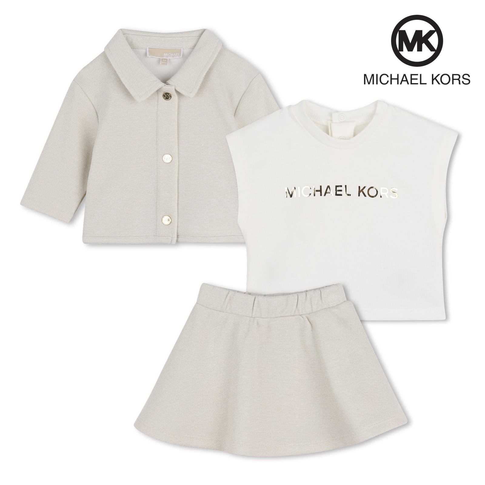 Conjunto de cárdigan, falda y camiseta cadena