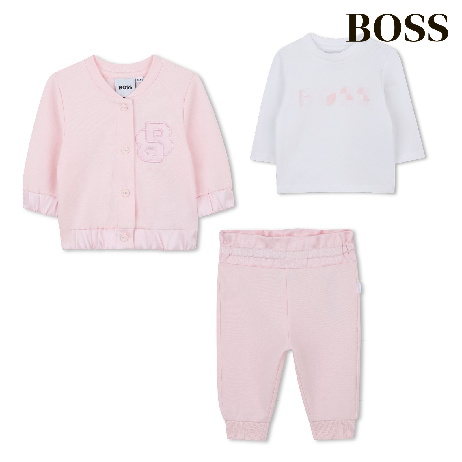 Conjunto de pantalón, cárdigan y camiseta rosa pastel