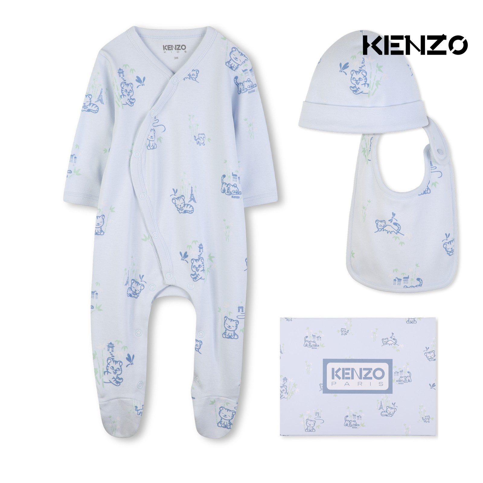 Conjunto de pijama, gorro y babero azul cielo