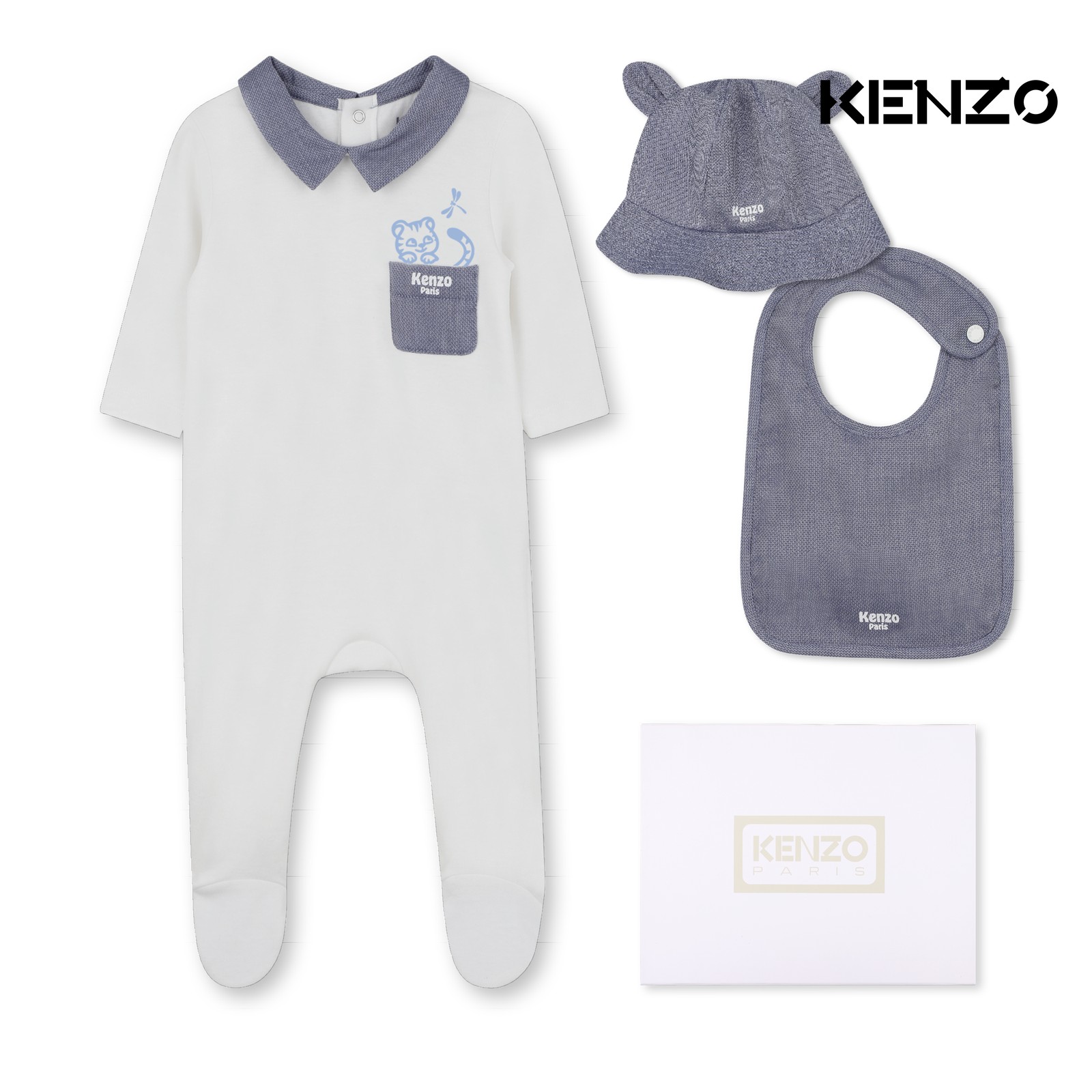 Conjunto de pijama, sombrero de pescador y babero blanco roto
