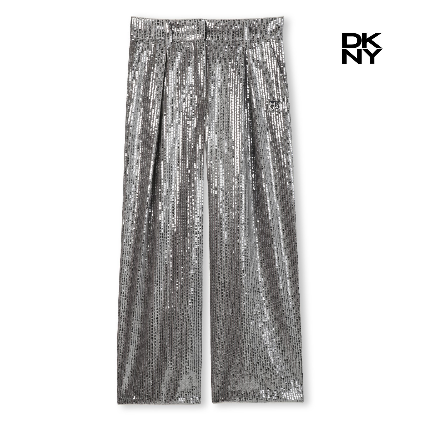 Pantalón adornado con lentejuelas plateadas gris claro