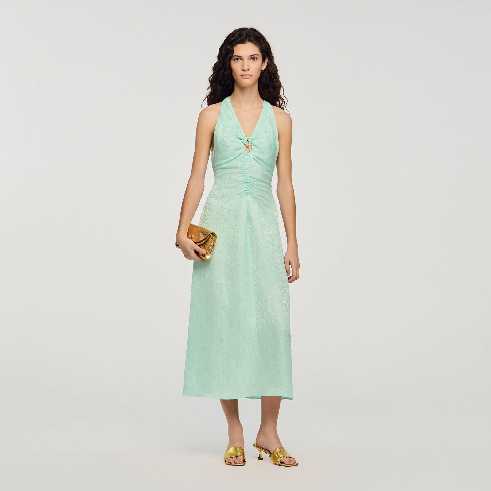 VESTIDO LARGO FLORAL CUELLO PICO
