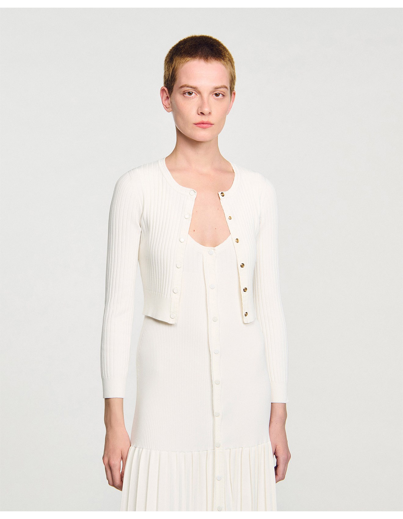 Cropped pointelle knit cardigan Ecru